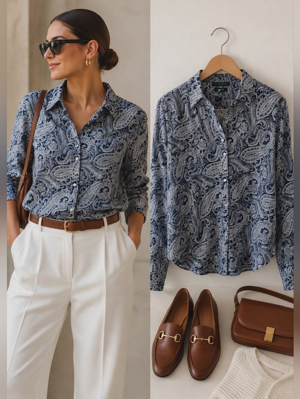 Lauren Ralph Lauren Non-Iron Paisley Print Button Front Shirt Blue White Size S